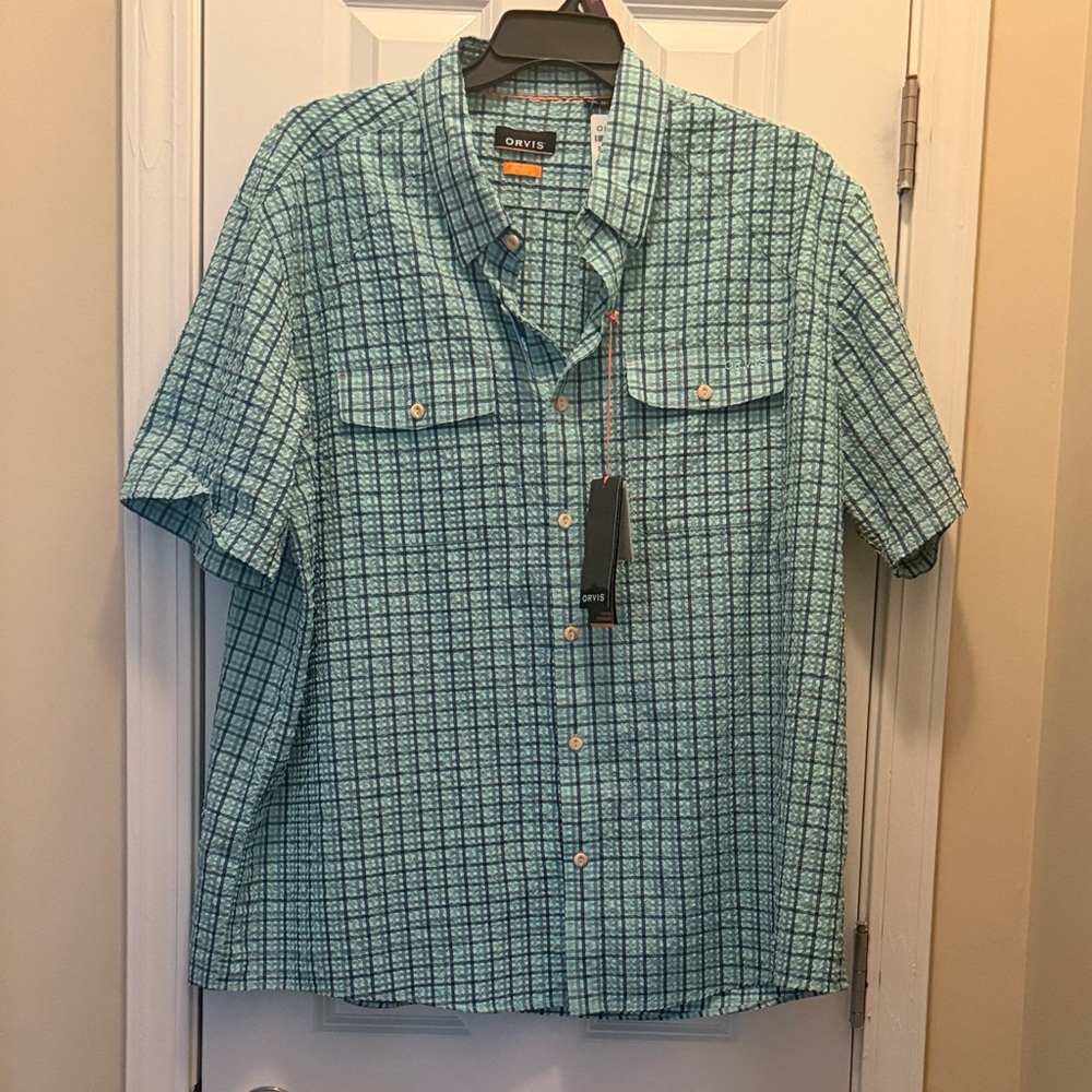 Orvis Men’s Aqua and Navy Grid Short-Sleeve Button-Down Shirt